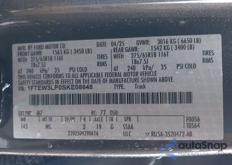 2025 Ford F-150 Xlt z USA, uszkodzony, nr VIN 1FTEW3LP0SKE08648